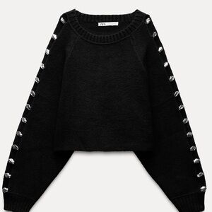 Zara Black Crew Neck Sweater with Unique Sleeve Cutouts